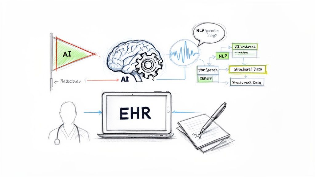 Workflow diagram showing AI and NLP converting medical speech into structured data for EHR.