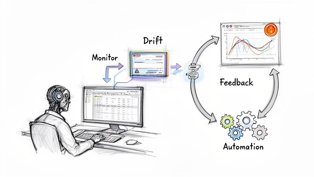 A robot monitors data, identifying drift that triggers feedback to automation and system adjustments.