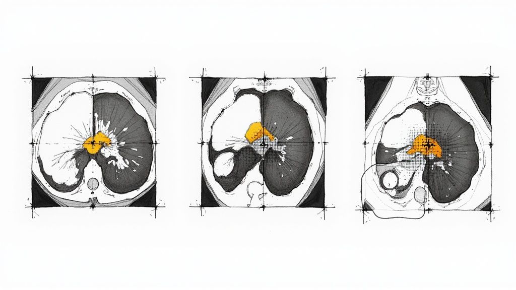 Three medical illustrations depicting axial views of a human torso with a central highlighted mass.