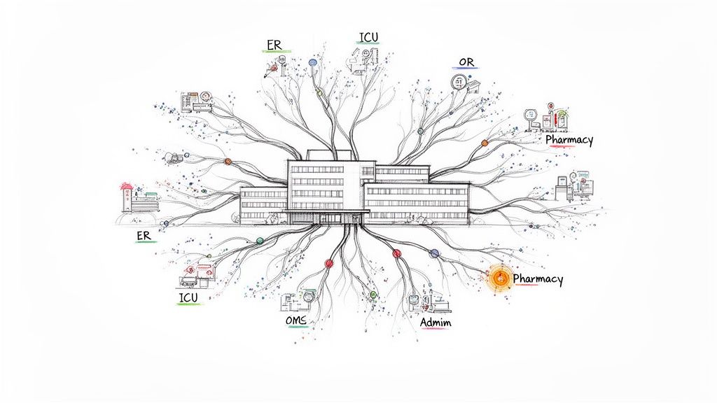 Sketch of a hospital building acting as a hub, connecting to various departments like ER, ICU, and Pharmacy.