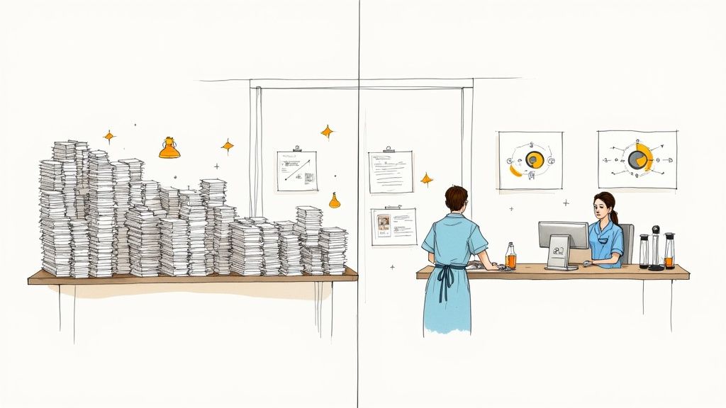 Illustration of messy paper workflow contrasted with a clean digital workspace and efficient hospital staff.