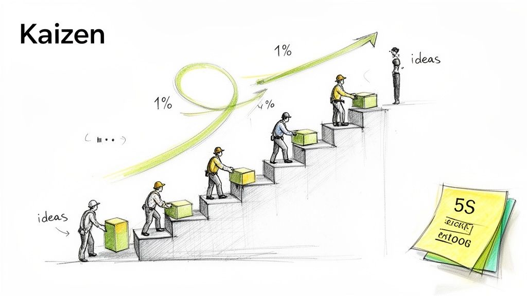 Illustration of Kaizen showing workers building steps upwards, symbolizing continuous improvement with small gains.