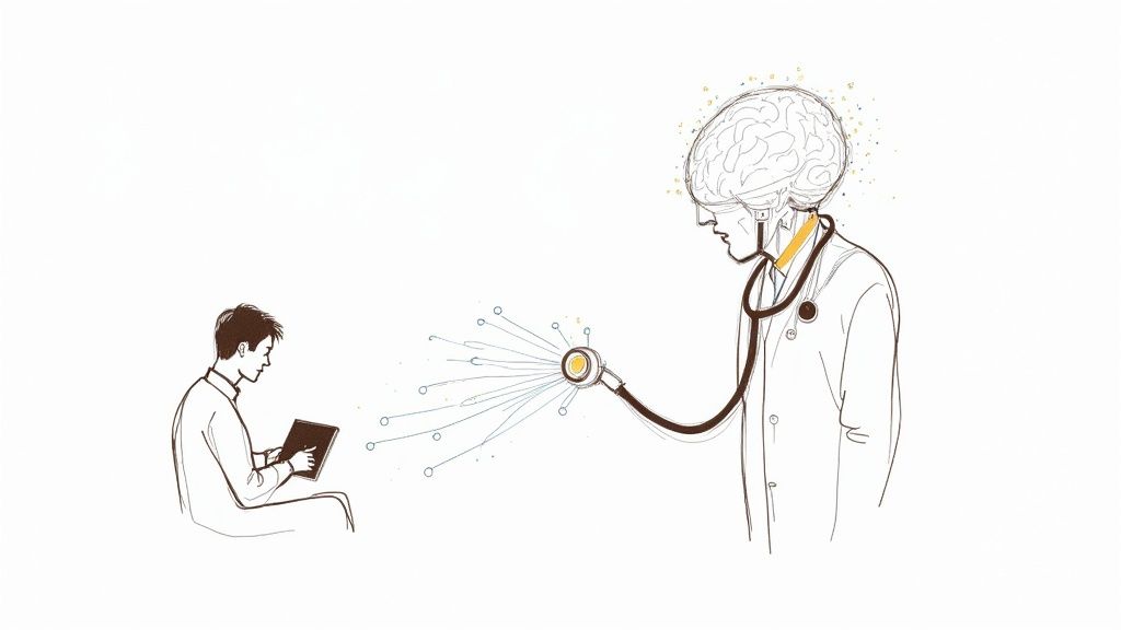 A doctor reviewing medical data on a futuristic interface, representing AI in the medical field