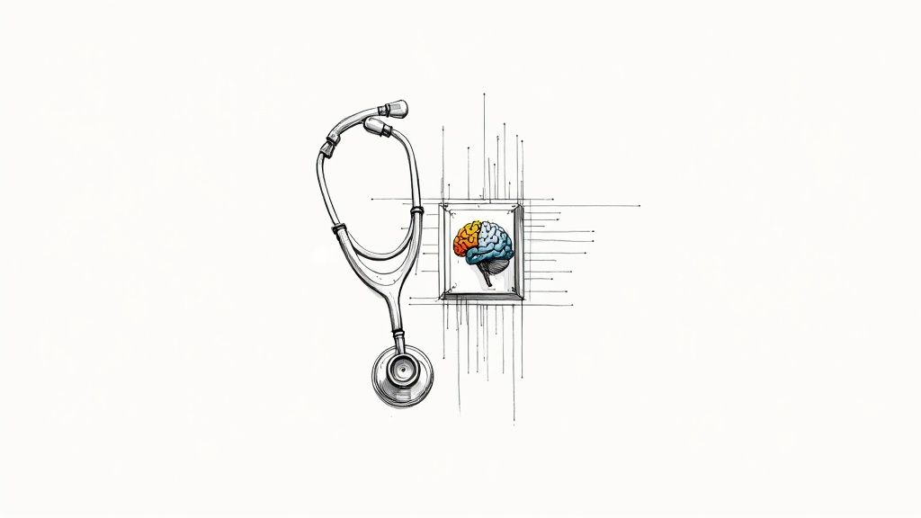 A medical professional reviewing data on a tablet with AI-driven overlays, demonstrating the integration of technology in diagnosis.