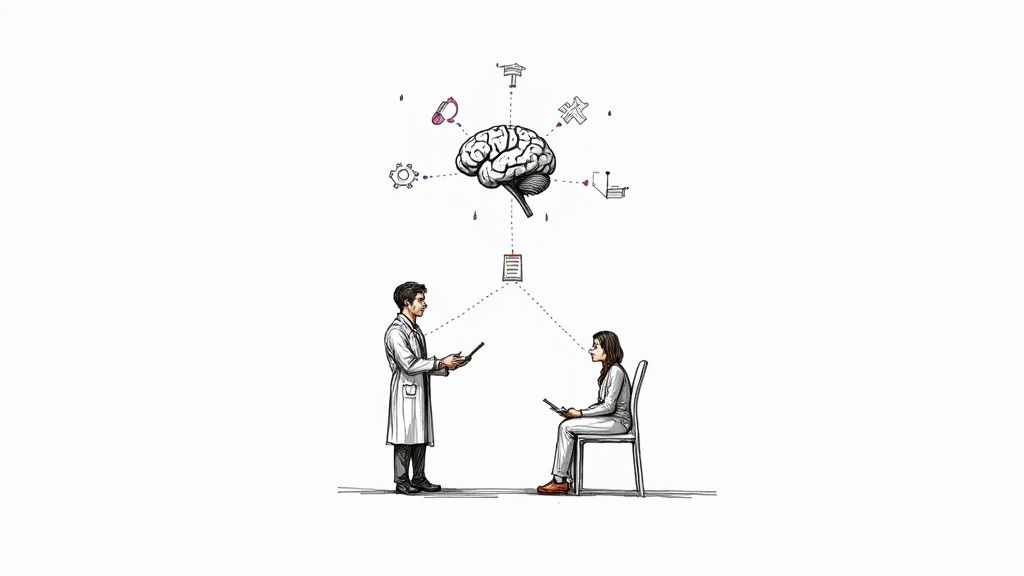 An illustration of a doctor consulting a patient, with their interaction linked to a brain and diverse health data points.