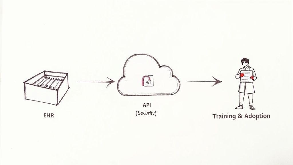 Diagram showing EHR data flowing through a secure API to support medical training and adoption.