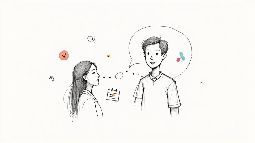 Healthcare professional discussing treatment options with patient showing medication icons in speech bubble