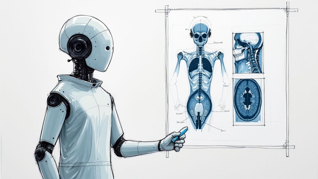 A medical professional using a futuristic transparent screen displaying patient data.