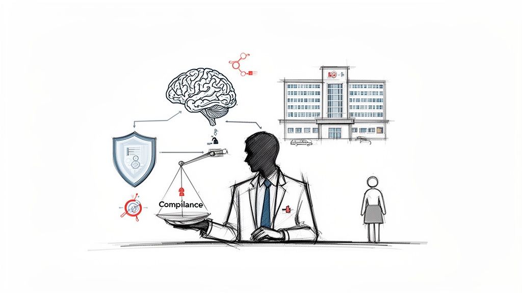 A doctor holds scales with 'Compliance', connected to a brain, shield, and hospital, depicting healthcare regulatory challenges.