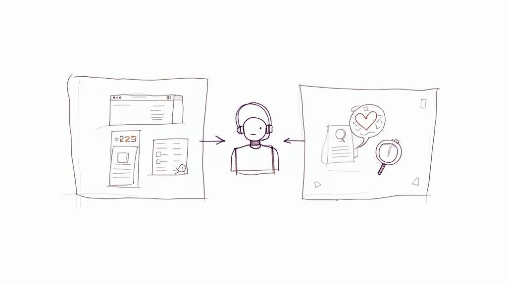 A doctor reviewing patient information on a tablet, with AI chatbot icons overlaid.