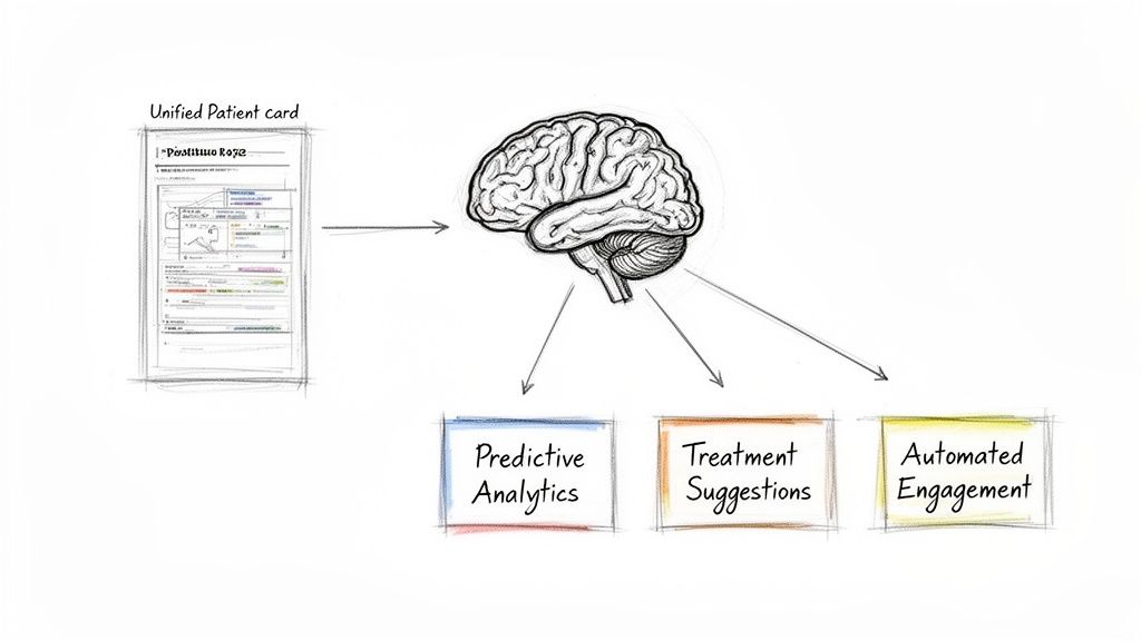 Unified patient data flows into an AI brain, generating predictive analytics, treatment suggestions, and automated engagement.