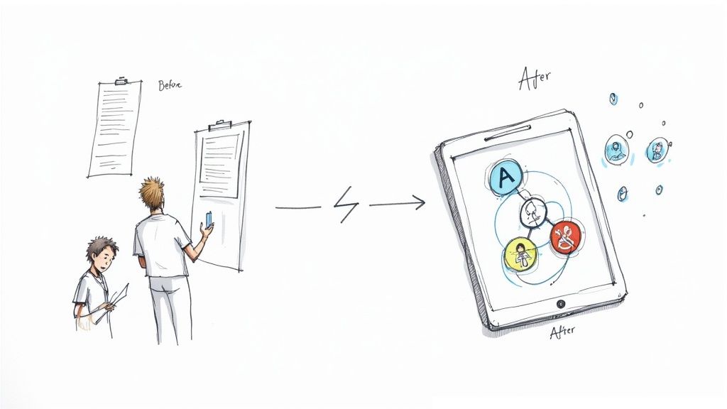 Illustration contrasting manual healthcare documentation with a digital tablet system.