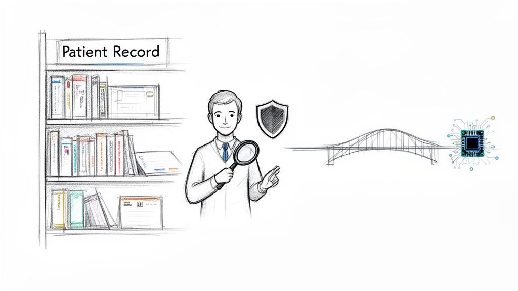 Healthcare professional reviews patient records securely, bridging to a processing chip for data analysis.