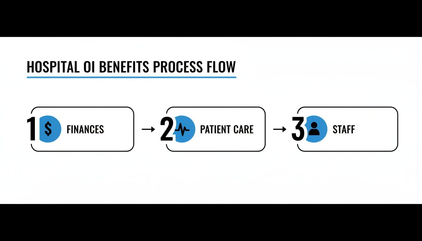A process flow diagram illustrating hospital operational intelligence benefits for finances, patient care, and staff.
