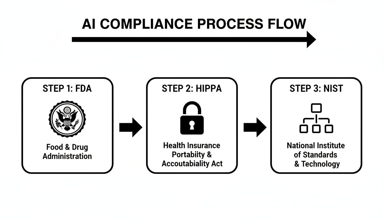 Flowchart illustrating the AI compliance process with steps involving FDA, HIPAA, and NIST regulations.