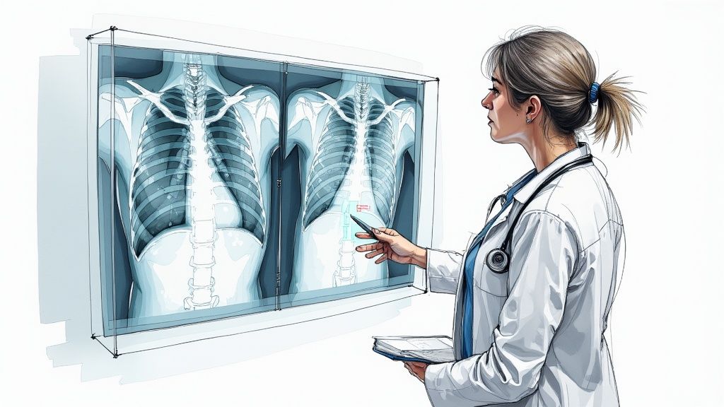 A doctor reviewing a medical scan on a tablet, with AI overlays highlighting areas of interest.