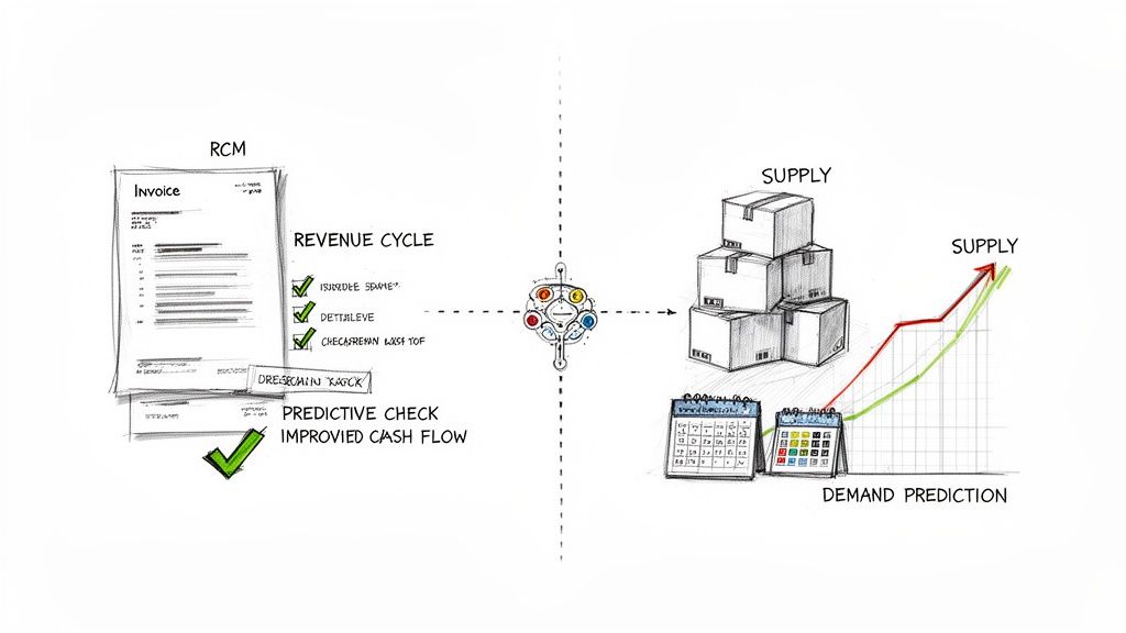 Diagram illustrating revenue cycle management (RCM) with invoices and supply chain with demand prediction.