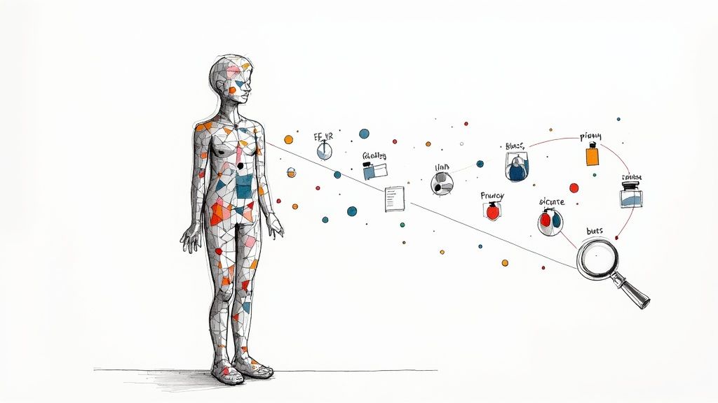 A stylized human figure connected by lines to various data points, icons, and text, with a magnifying glass.