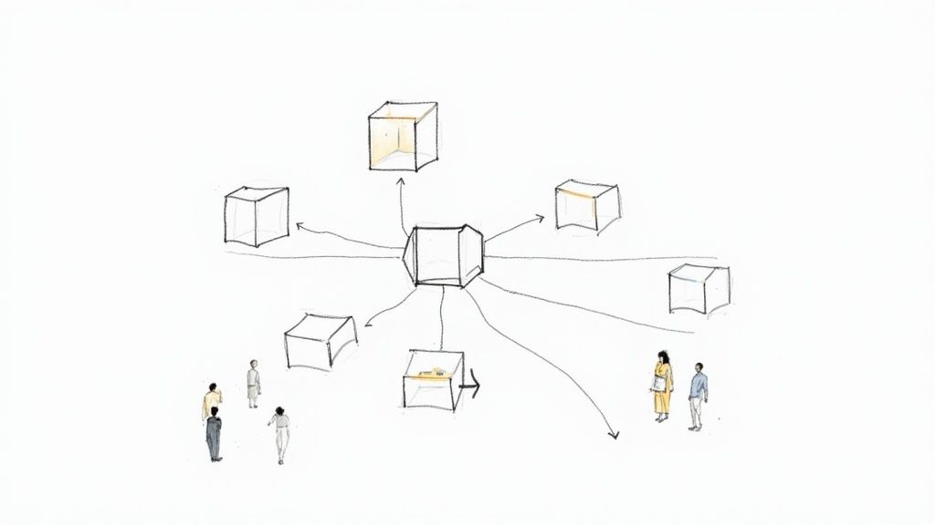 Hand-drawn diagram of a central hub distributing to modular cubes via arrows, with small figures.