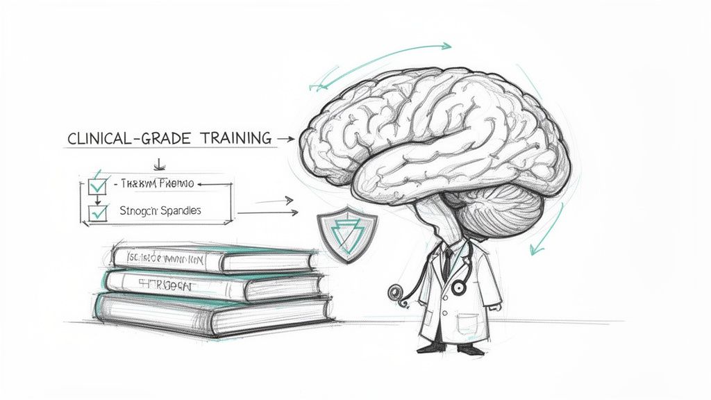 Hand-drawn illustration of clinical-grade medical training, showing books, tasks, and a doctor with an enlarged brain.