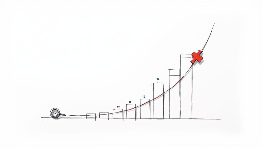 A doctor examining medical data on a futuristic interface, representing the growth of generative AI in healthcare.