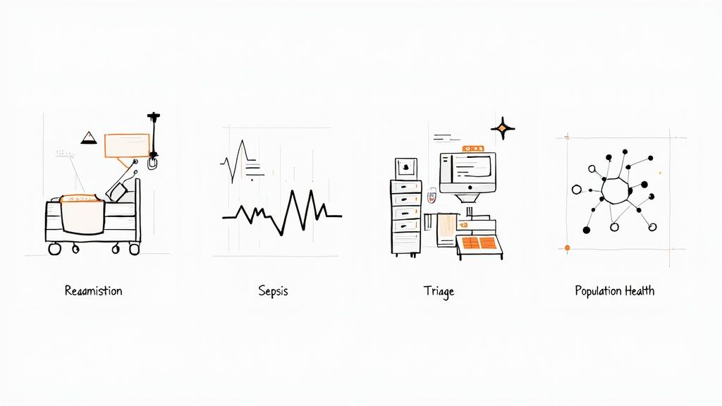 Line art illustrations depict four healthcare concepts: Readmission, Sepsis, Triage, and Population Health.