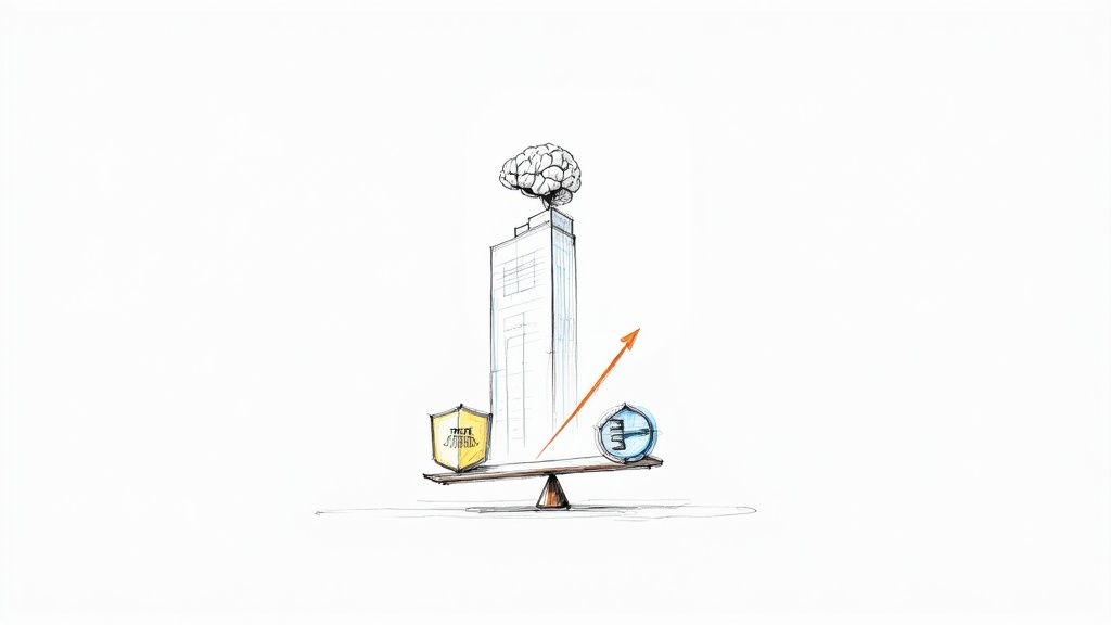An illustration of a brain on a building, balancing trust and AI progress on a scale.