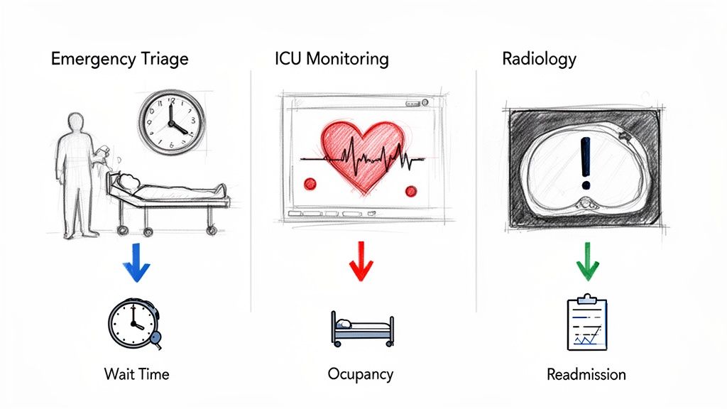 Visual illustrating AI-assisted clinical prioritization in emergency triage, ICU monitoring, and radiology for wait time, occupancy, and readmission.