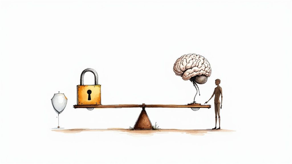 A balanced scale with a brain on one side and a gavel on the other, symbolizing the balance between AI innovation and regulation.