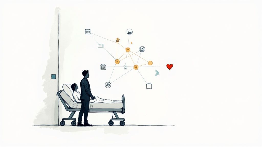 An illustration showing a doctor analyzing medical data with AI assistance.