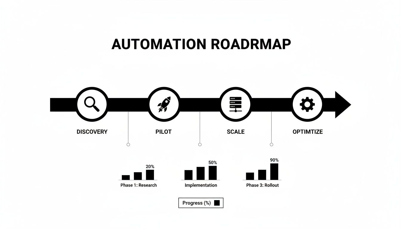 An automation roadmap infographic showing discovery, pilot, scale, and optimize stages with progress bars.