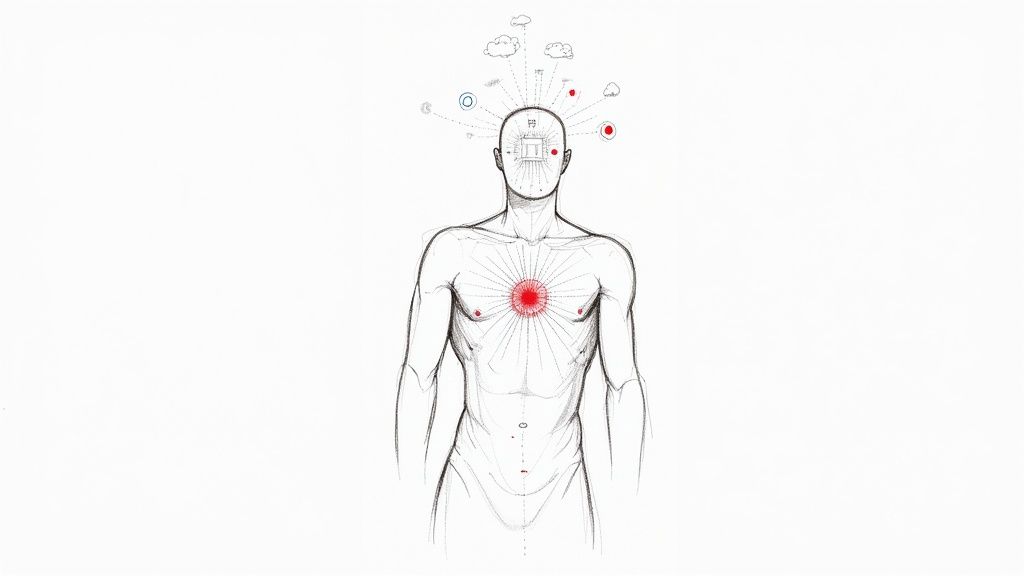 Stylized sketch of a human figure with a glowing heart and a CPU in the head, representing AI.
