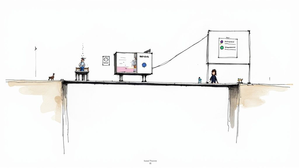 A whimsical illustration of a bridge with characters, dogs, and connected modules, symbolizing a complex process or journey.