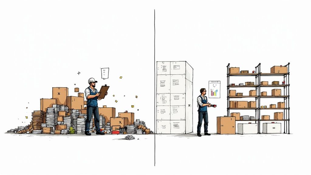 A modern warehouse with automated systems and robotics managing inventory.