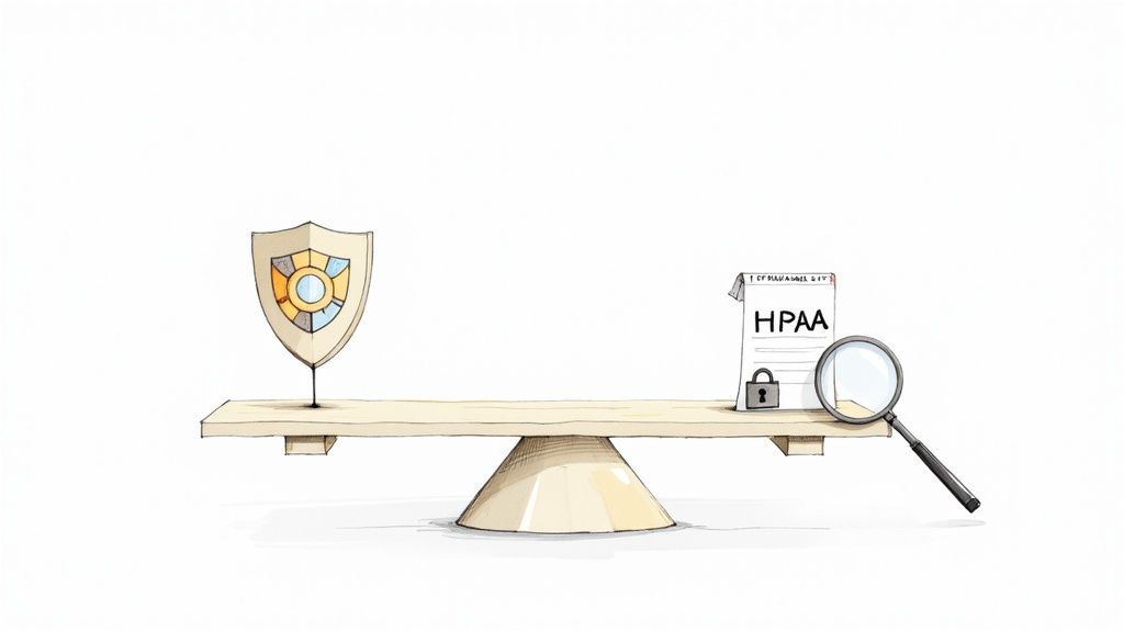 A graphic representing data security and ethics with lock and shield icons.