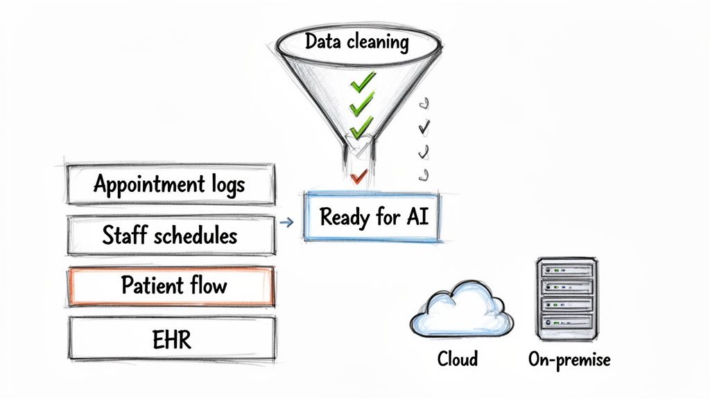 Healthcare data, including appointment logs and EHR, processed through data cleaning, ready for AI deployment on cloud or on-premise.