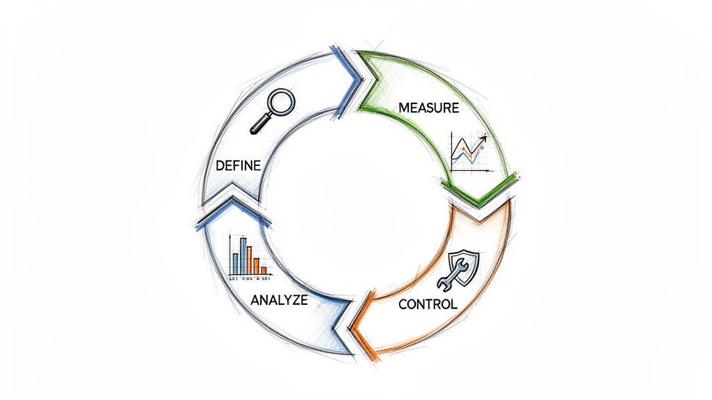 A continuous improvement process cycle showing Define, Measure, Analyze, and Control steps.