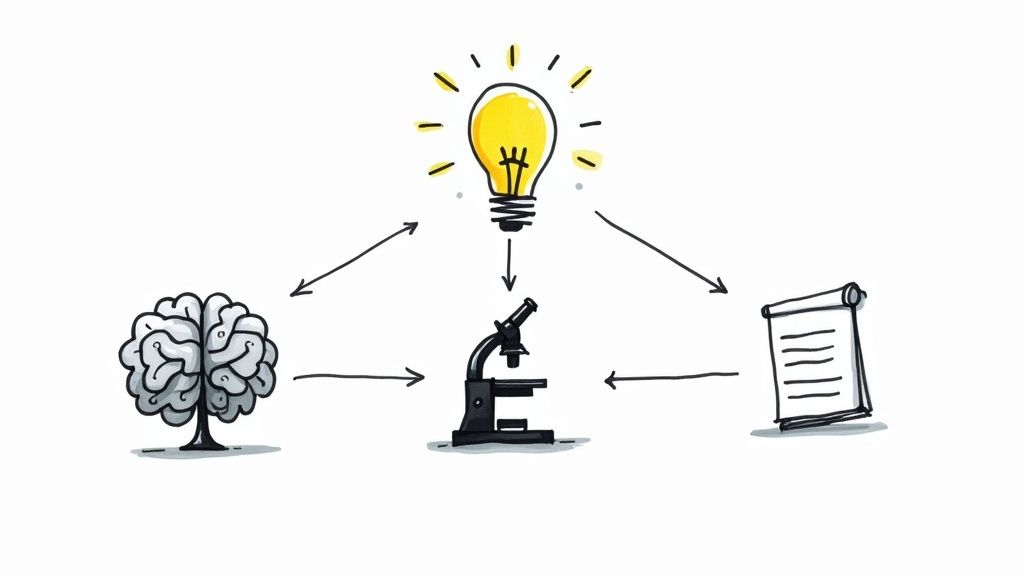 Conceptual diagram showing brain, microscope, and document connected to lightbulb idea representing research process