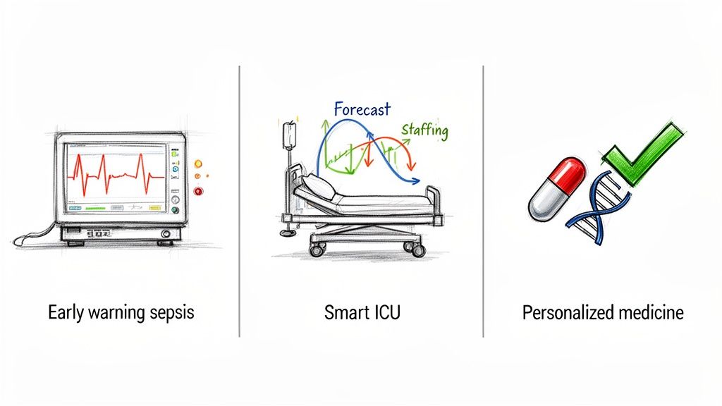 Three medical illustrations showing early warning sepsis, smart ICU, and personalized medicine solutions.