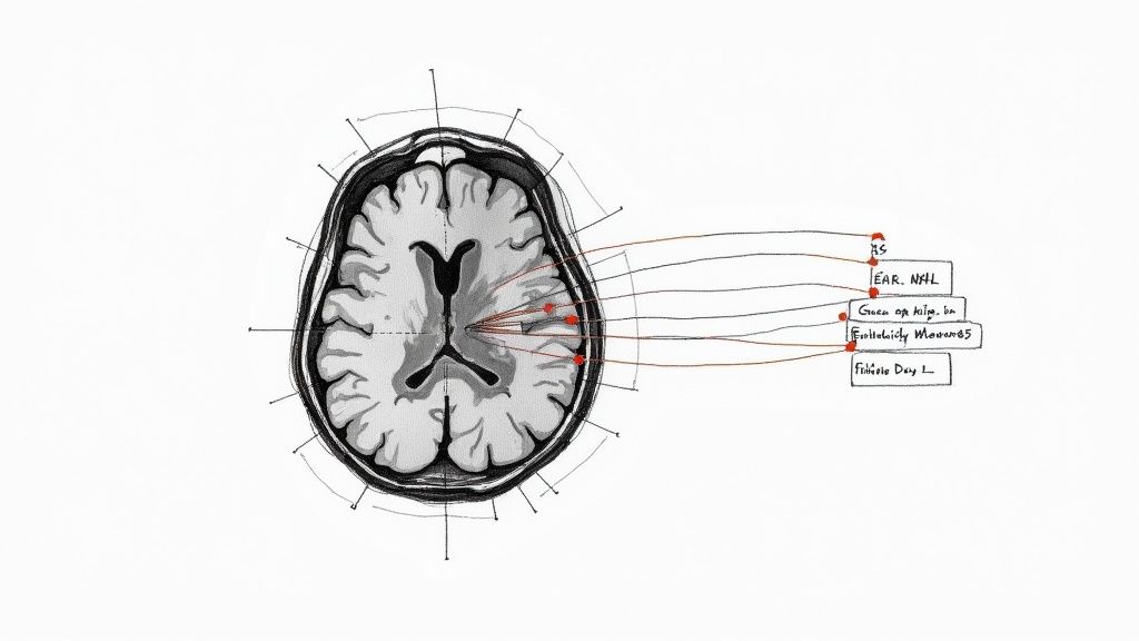 AI analyzing a medical scan with intricate data overlays.