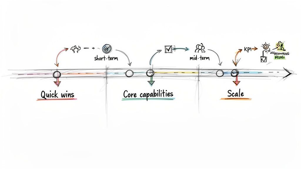 Strategic roadmap showing quick wins, core capabilities, and scaling over short-term and mid-term horizons.