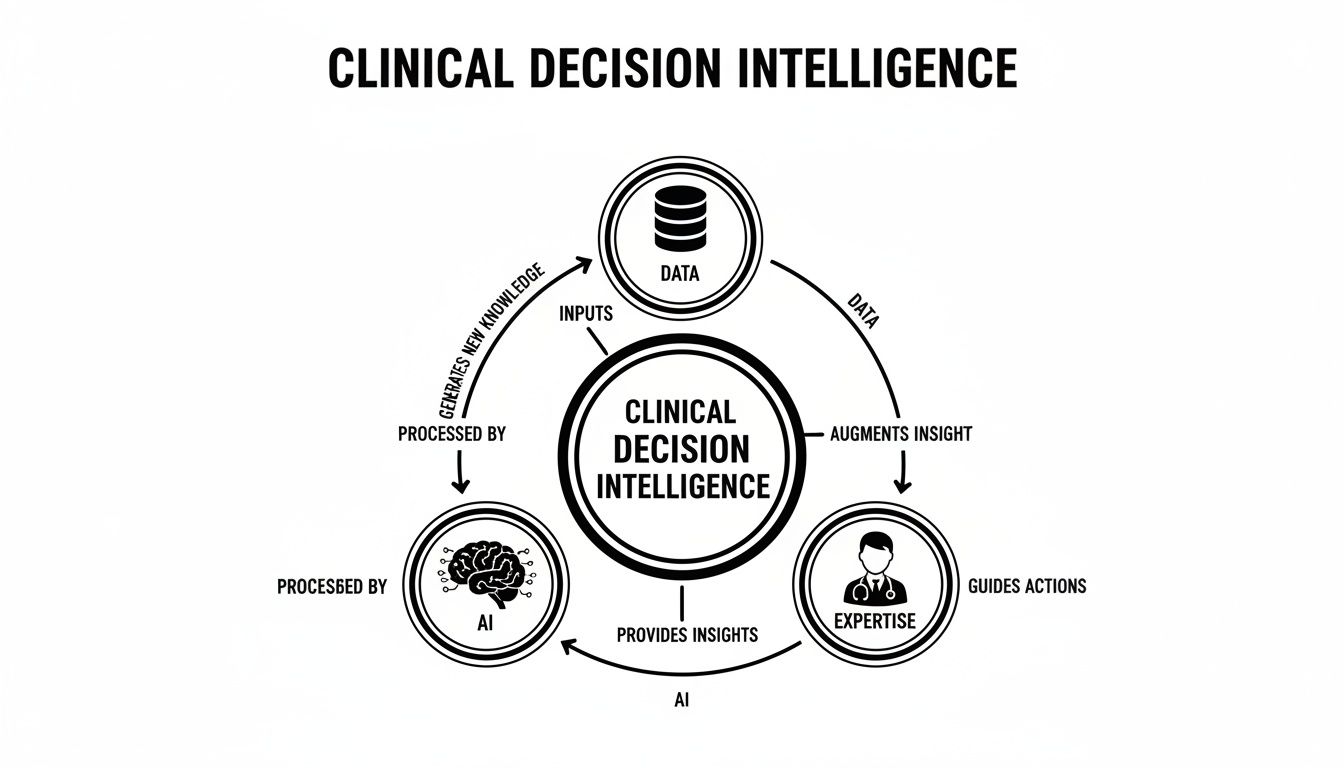 Diagram showing Clinical Decision Intelligence as a hub connecting Data, AI, and Expertise in a cyclical workflow.