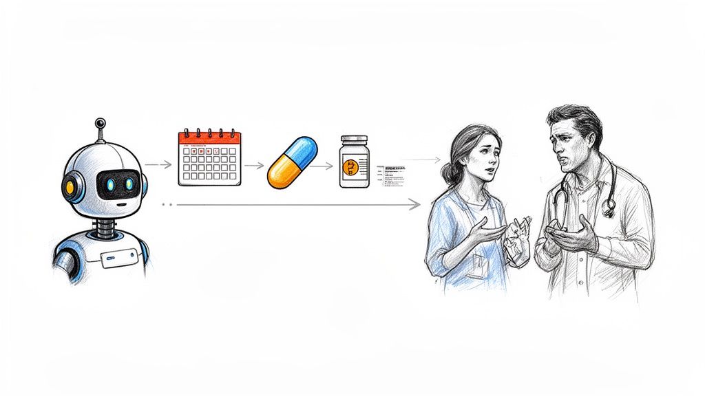 AI robot processing medical information (calendar, pill, bottle, document) for healthcare discussion.