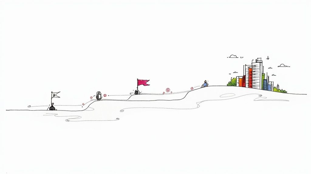 A minimalist drawing of a winding path with flags and a person, leading towards a colorful city skyline.