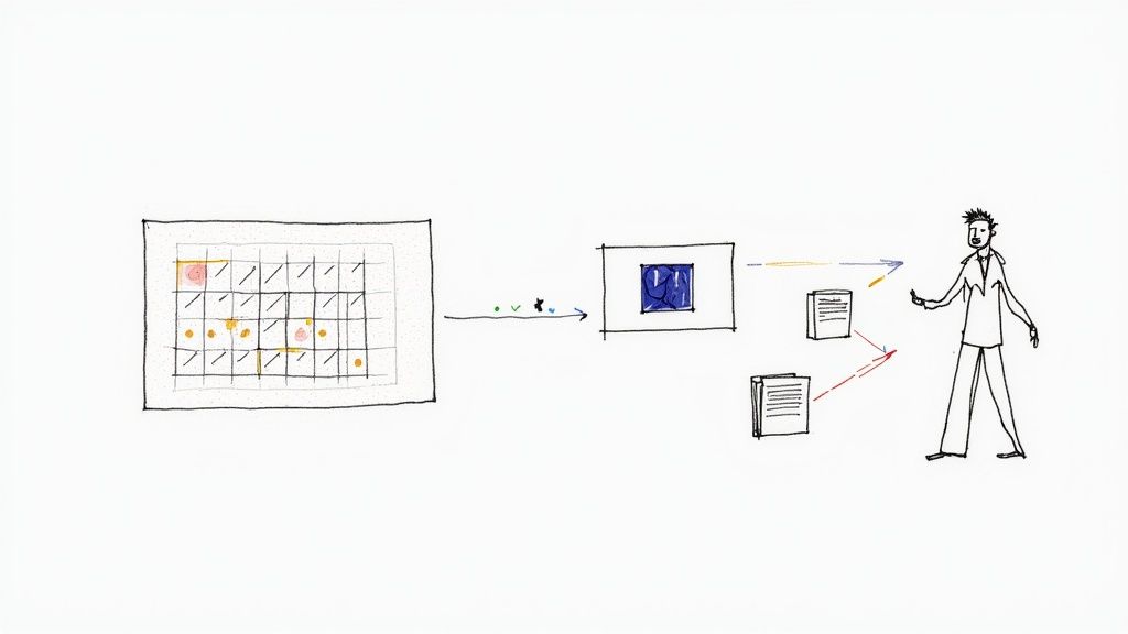 Hand-drawn diagram illustrates a data analysis workflow, from grid input to processed output and human review.