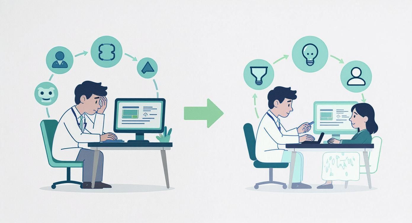 Stressed doctor working alone transforms into an engaged doctor interacting with a patient.