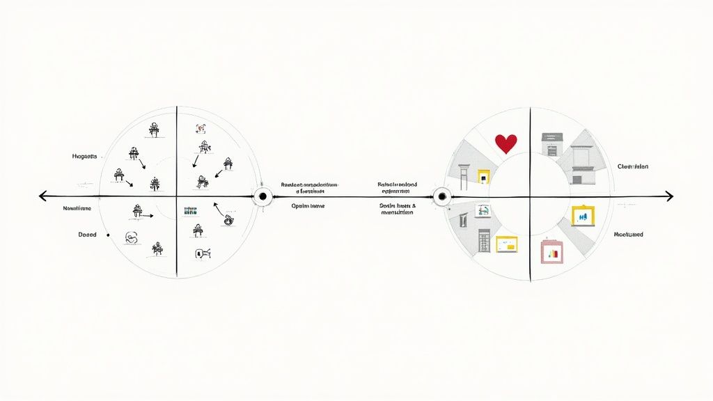 A group of healthcare professionals discussing a plan on a digital tablet in a modern hospital setting.
