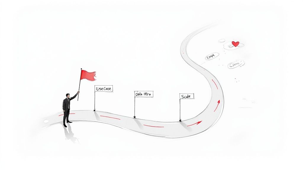 Business roadmap illustration showing journey from use case through data infrastructure to scale and growth