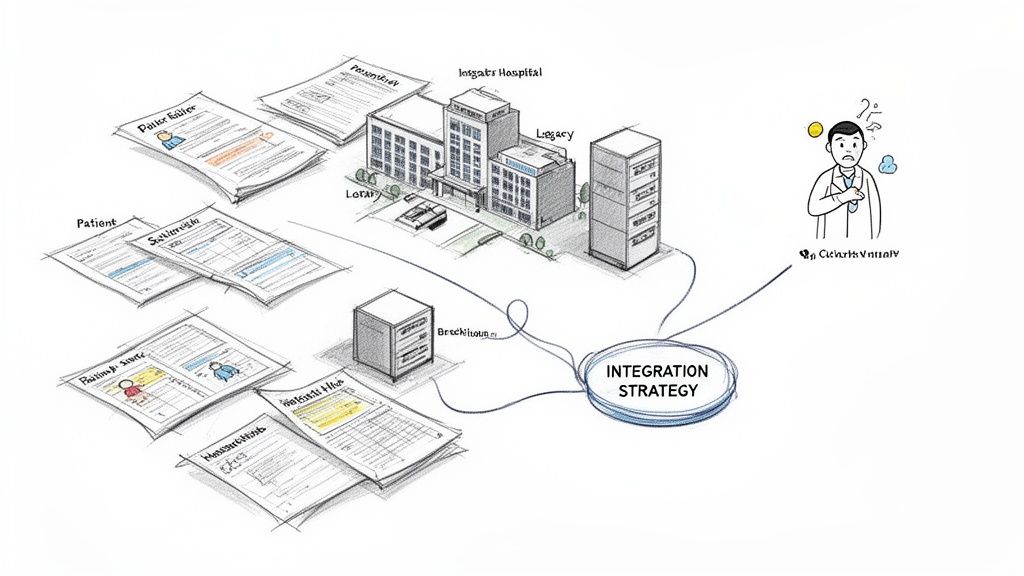 Diagram illustrating healthcare systems integration strategy, connecting diverse patient data, hospital legacy systems, and IT infrastructure to a confused doctor.