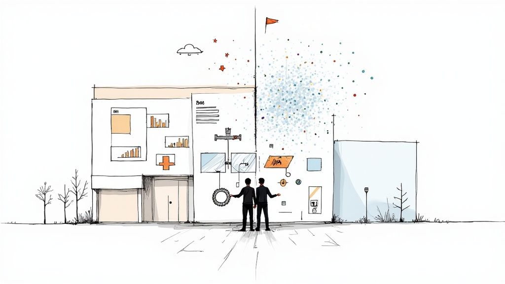 Two people analyze healthcare data and AI concepts on a building, representing digital transformation.